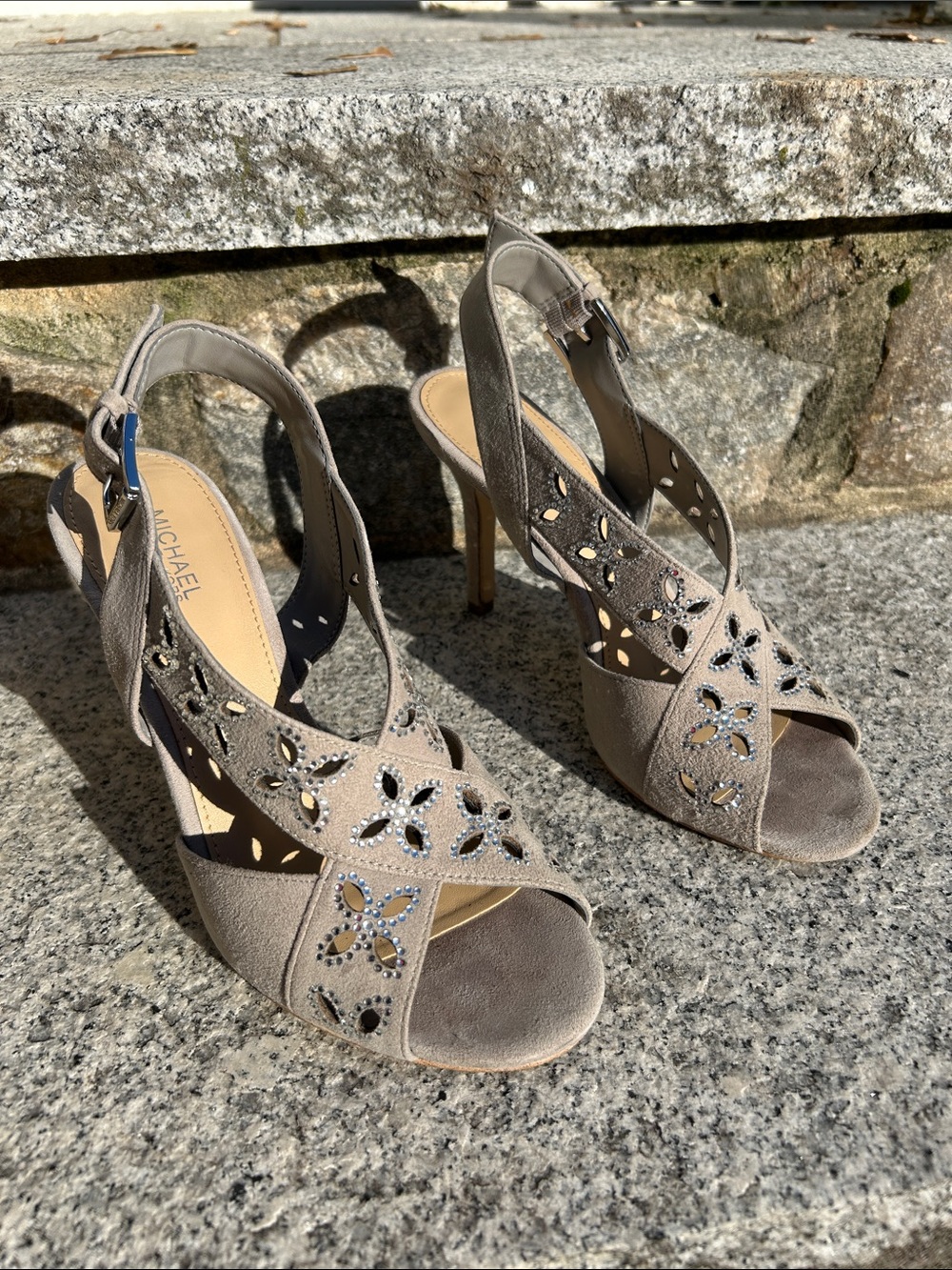Michael Kors Taupe Suede Cutout Peep-Toe Slingback Heels